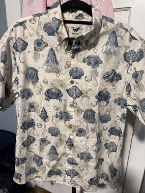Yiume Hawaiian Print Shirt Blue Sea Life Stingray Jellyfish Short Sleeve Size M